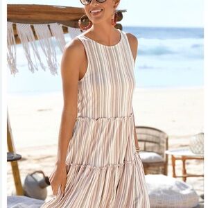 Luscana 100% cotton Cream and White striped Midi Dress with Ruffled Layers. Beac